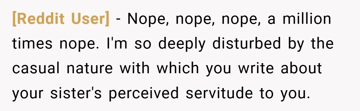 [Reddit User] − Nope, nope, nope, a million times nope. I'm so deeply disturbed by the casual nature with which you write about your sister's perceived servitude to you.