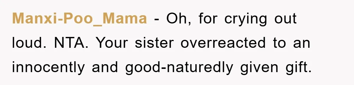 Manxi-Poo_Mama − Oh, for crying out loud. NTA. Your sister overreacted to an innocently and good-naturedly given gift.
