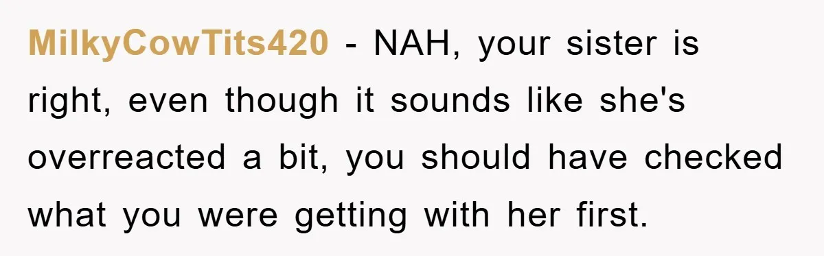 MilkyCowTits420 − NAH, your sister is right, even though it sounds like she's overreacted a bit, you should have checked what you were getting with her first.