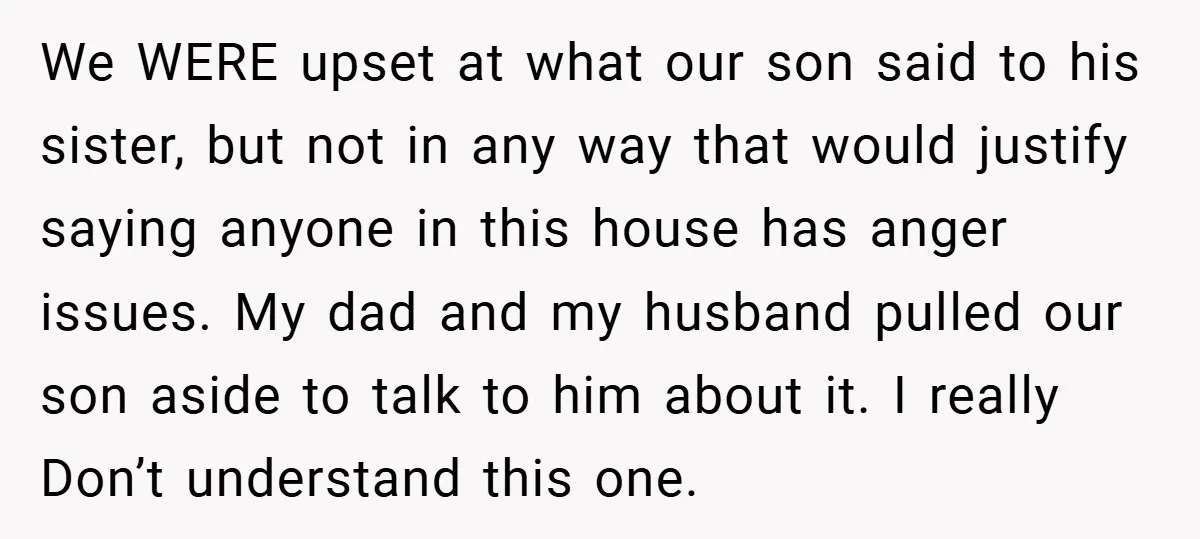 We WERE upset at what our son said to his sister, but not in any way that would justify saying anyone in this house has anger issues. My dad and...