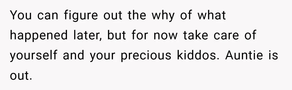 You can figure out the why of what happened later, but for now take care of yourself and your precious kiddos. Auntie is out.