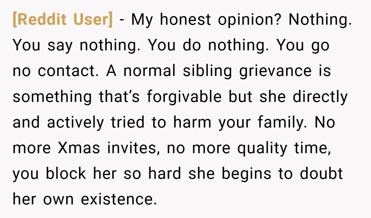 [Reddit User] − My honest opinion? Nothing. You say nothing. You do nothing. You go no contact. A normal sibling grievance is something that’s forgivable but she directly and actively...