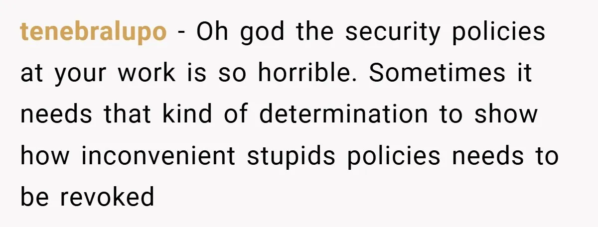 tenebralupo − Oh god the security policies at your work is so horrible. Sometimes it needs that kind of determination to show how inconvenient stupids policies needs to be revoked