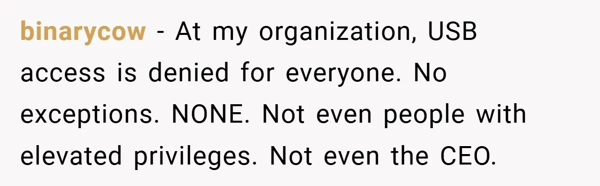 binarycow − At my organization, USB access is denied for everyone. No exceptions. NONE. Not even people with elevated privileges. Not even the CEO.
