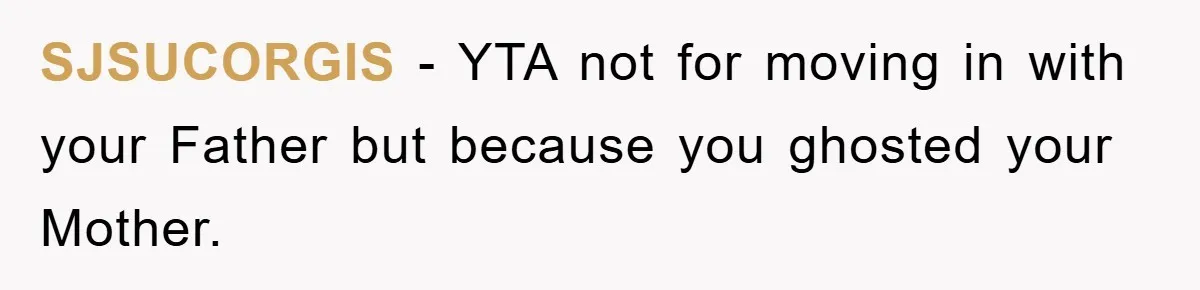 SJSUCORGIS − YTA not for moving in with your Father but because you ghosted your Mother.