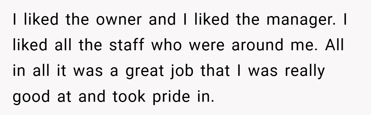 I liked the owner and I liked the manager. I liked all the staff who were around me. All in all it was a great job that I was really...