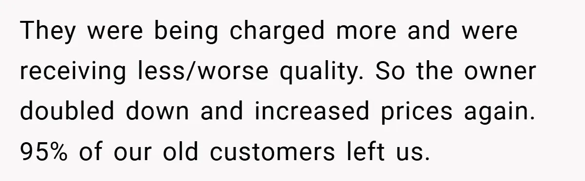 They were being charged more and were receiving less/worse quality. So the owner doubled down and increased prices again. 95% of our old customers left us.