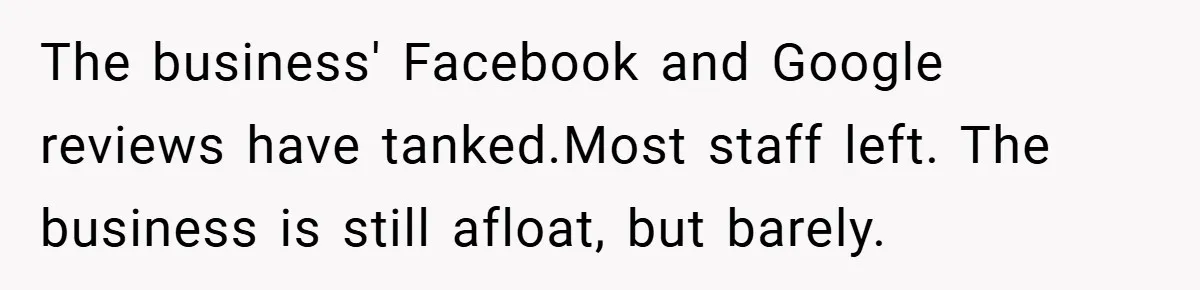 The business' Facebook and Google reviews have tanked.Most staff left. The business is still afloat, but barely.