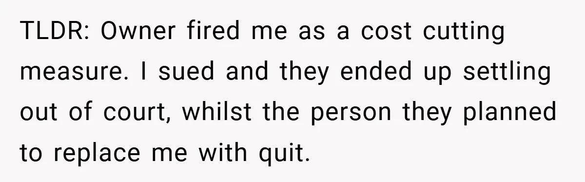 TLDR: Owner fired me as a cost cutting measure. I sued and they ended up settling out of court, whilst the person they planned to replace me with quit.