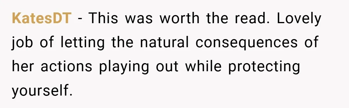KatesDT − This was worth the read. Lovely job of letting the natural consequences of her actions playing out while protecting yourself.