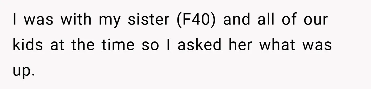 I was with my sister (F40) and all of our kids at the time so I asked her what was up.