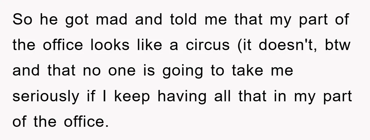 So he got mad and told me that my part of the office looks like a circus (it doesn't, btw and that no one is going to take me seriously...