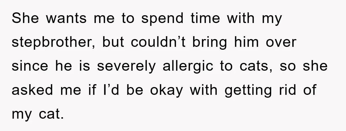 She wants me to spend time with my stepbrother, but couldn’t bring him over since he is severely allergic to cats, so she asked me if I’d be okay with...