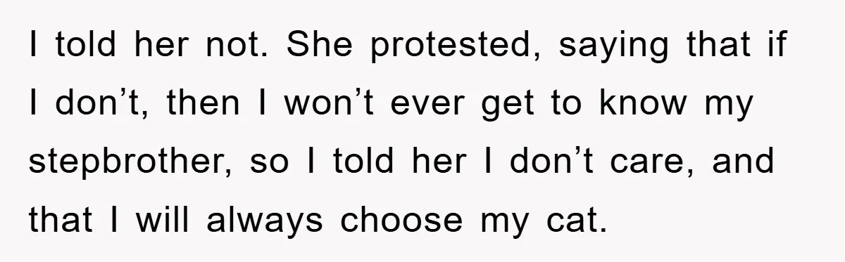 I told her not. She protested, saying that if I don’t, then I won’t ever get to know my stepbrother, so I told her I don’t care, and that I...