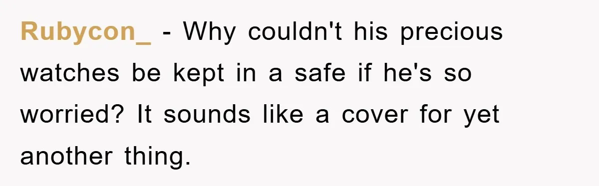 Rubycon_ − Why couldn't his precious watches be kept in a safe if he's so worried? It sounds like a cover for yet another thing.