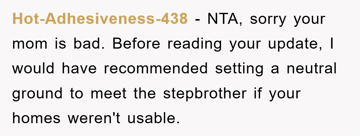 Hot-Adhesiveness-438 − NTA, sorry your mom is bad. Before reading your update, I would have recommended setting a neutral ground to meet the stepbrother if your homes weren't usable.