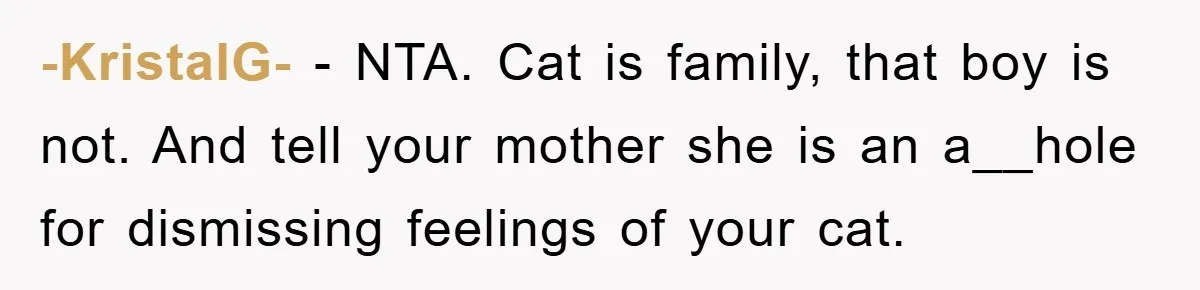 -KristalG- − NTA. Cat is family, that boy is not. And tell your mother she is an a__hole for dismissing feelings of your cat.