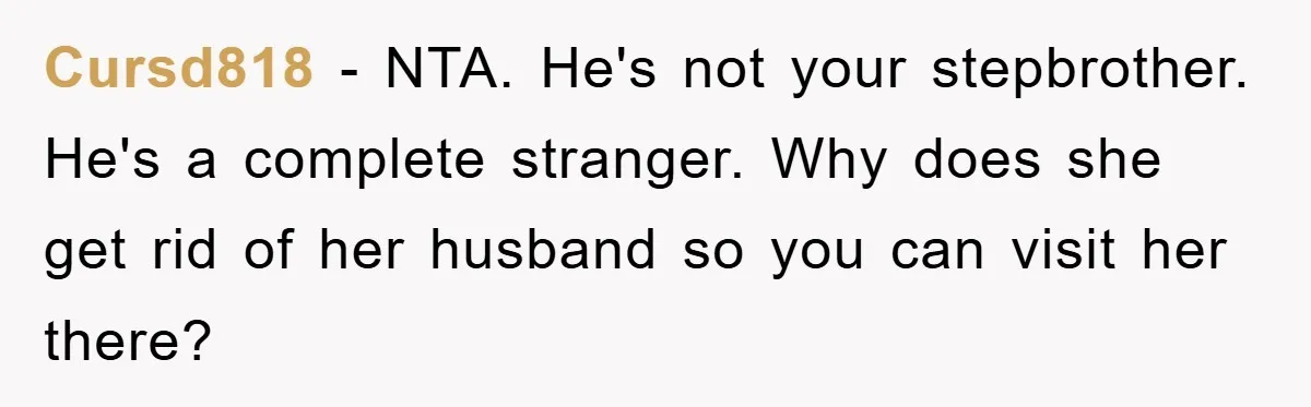 Cursd818 − NTA. He's not your stepbrother. He's a complete stranger. Why does she get rid of her husband so you can visit her there?