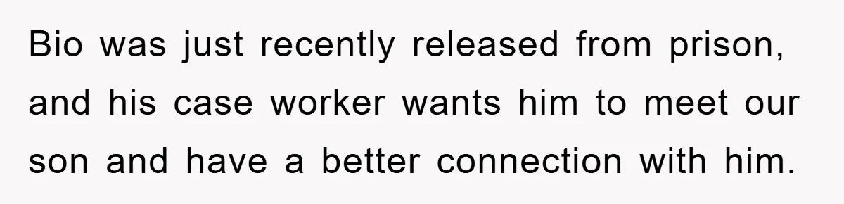 Bio was just recently released from prison, and his case worker wants him to meet our son and have a better connection with him.