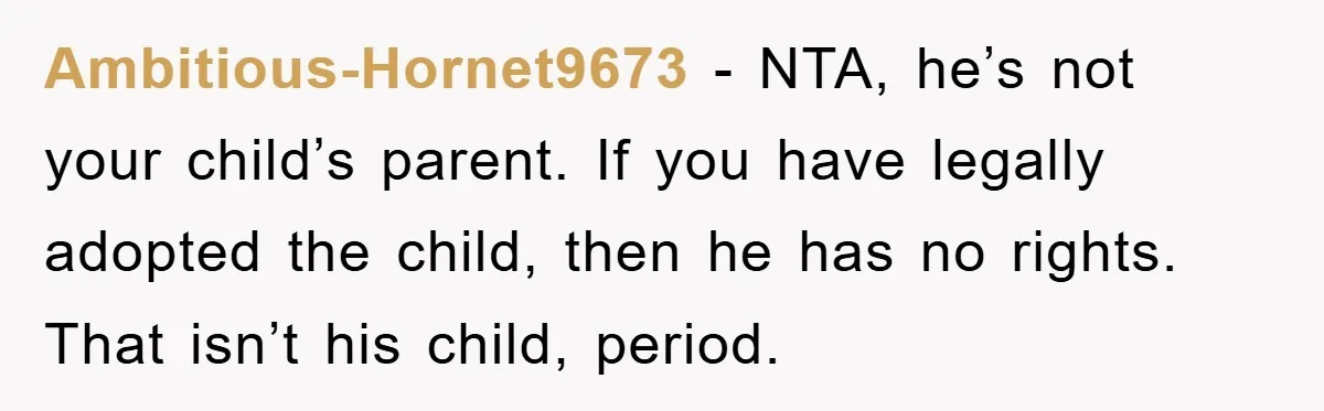 Ambitious-Hornet9673 − NTA, he’s not your child’s parent. If you have legally adopted the child, then he has no rights. That isn’t his child, period.