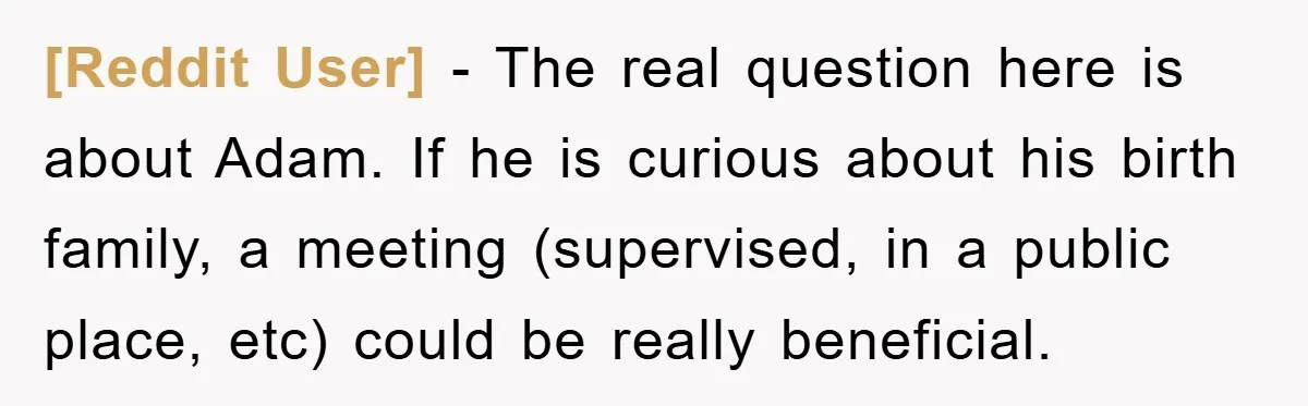 [Reddit User] − The real question here is about Adam. If he is curious about his birth family, a meeting (supervised, in a public place, etc) could be really beneficial.