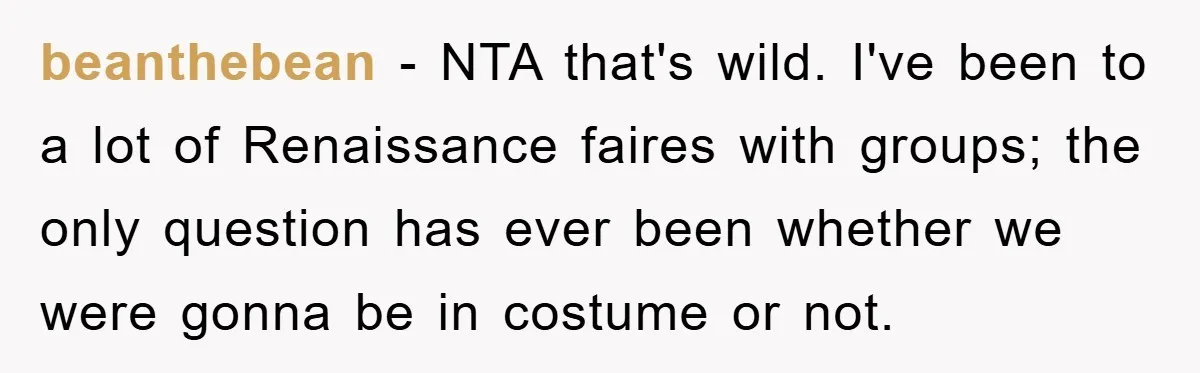 beanthebean − NTA that's wild. I've been to a lot of Renaissance faires with groups; the only question has ever been whether we were gonna be in costume or not.