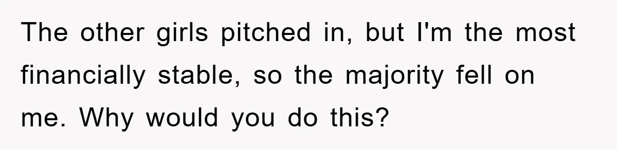 The other girls pitched in, but I'm the most financially stable, so the majority fell on me. Why would you do this?