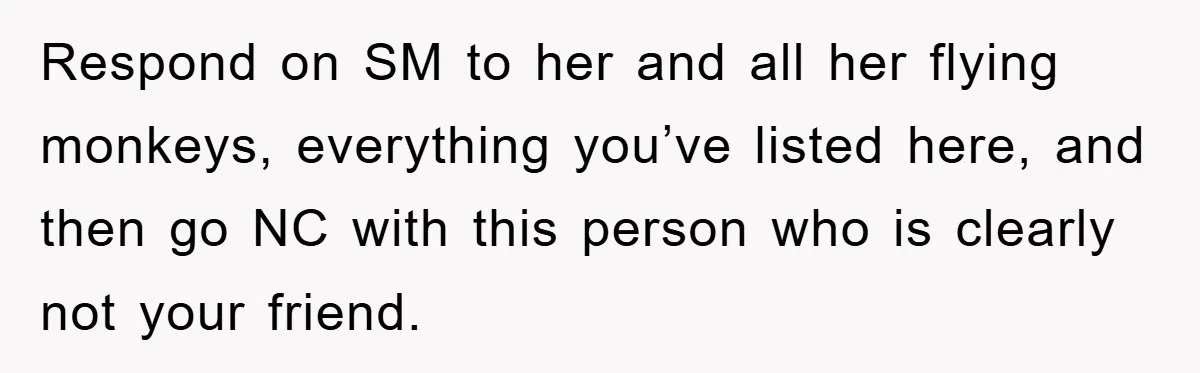 Respond on SM to her and all her flying monkeys, everything you’ve listed here, and then go NC with this person who is clearly not your friend.