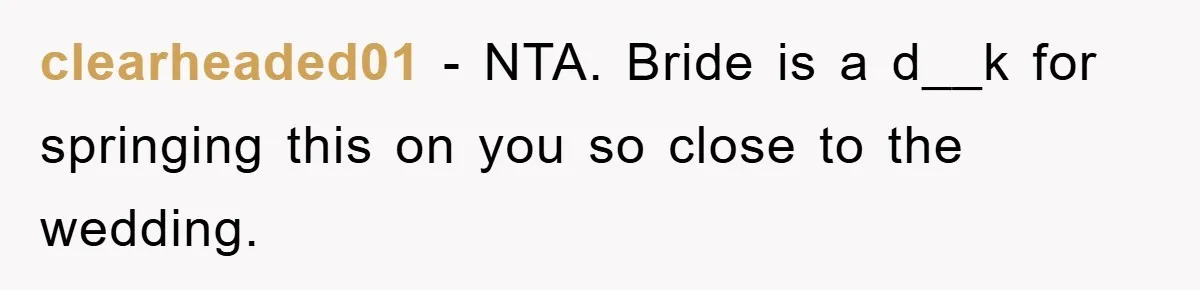 clearheaded01 − NTA. Bride is a d__k for springing this on you so close to the wedding.