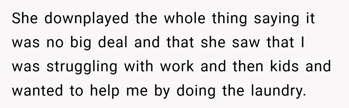 She downplayed the whole thing saying it was no big deal and that she saw that I was struggling with work and then kids and wanted to help me by...