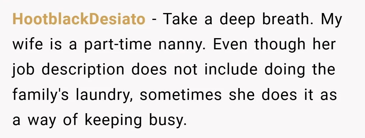 HootblackDesiato − Take a deep breath. My wife is a part-time nanny. Even though her job description does not include doing the family's laundry, sometimes she does it as a...