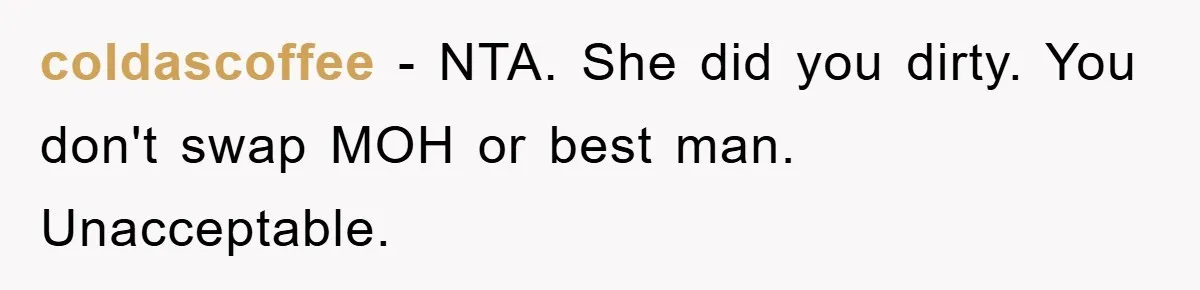 coldascoffee − NTA. She did you dirty. You don't swap MOH or best man. Unacceptable.