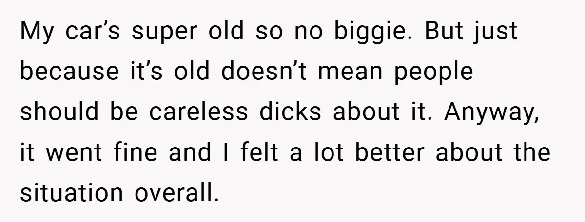 My car’s super old so no biggie. But just because it’s old doesn’t mean people should be careless dicks about it. Anyway, it went fine and I felt a lot...