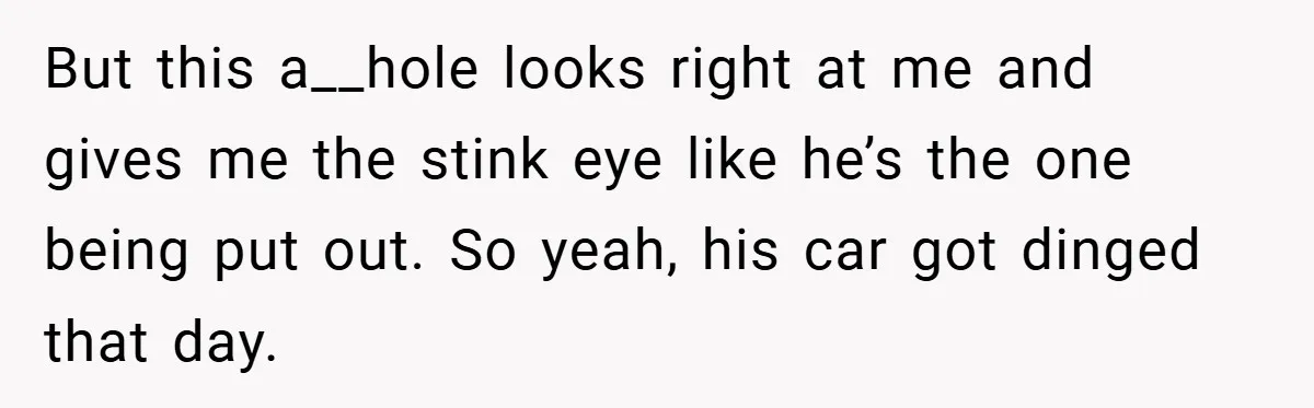 But this a__hole looks right at me and gives me the stink eye like he’s the one being put out. So yeah, his car got dinged that day.