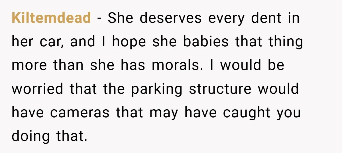 Kiltemdead − She deserves every dent in her car, and I hope she babies that thing more than she has morals. I would be worried that the parking structure would...