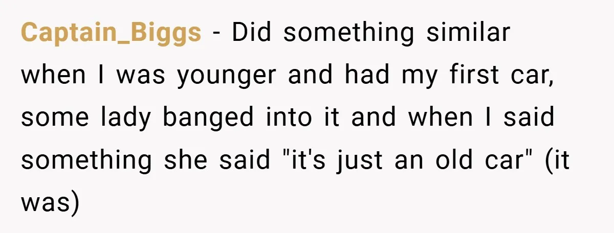 Captain_Biggs − Did something similar when I was younger and had my first car, some lady banged into it and when I said something she said "it's just an old...