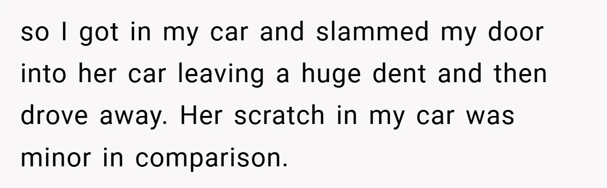 so I got in my car and slammed my door into her car leaving a huge dent and then drove away. Her scratch in my car was minor in comparison.