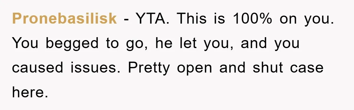 Pronebasilisk − YTA. This is 100% on you. You begged to go, he let you, and you caused issues. Pretty open and shut case here.