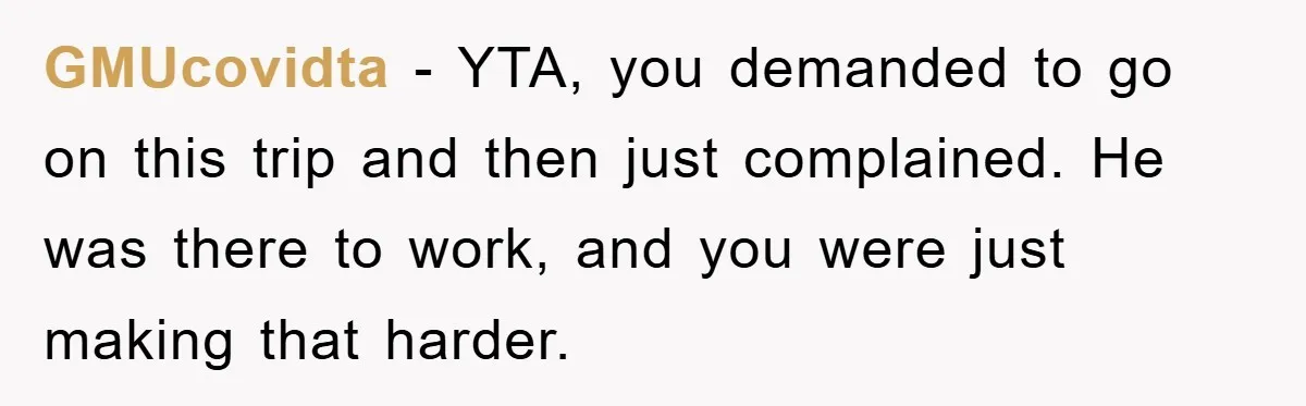 GMUcovidta − YTA, you demanded to go on this trip and then just complained. He was there to work, and you were just making that harder.