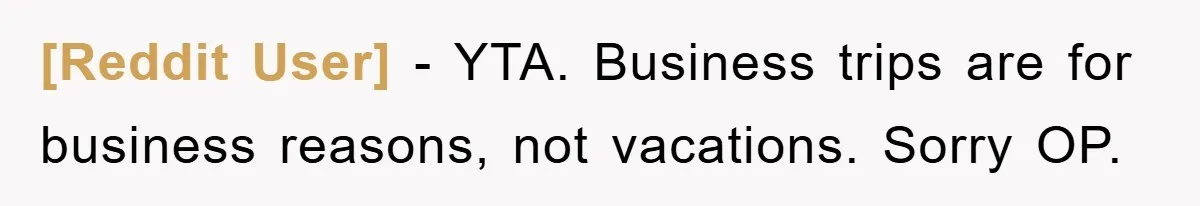 [Reddit User] − YTA. Business trips are for business reasons, not vacations. Sorry OP.
