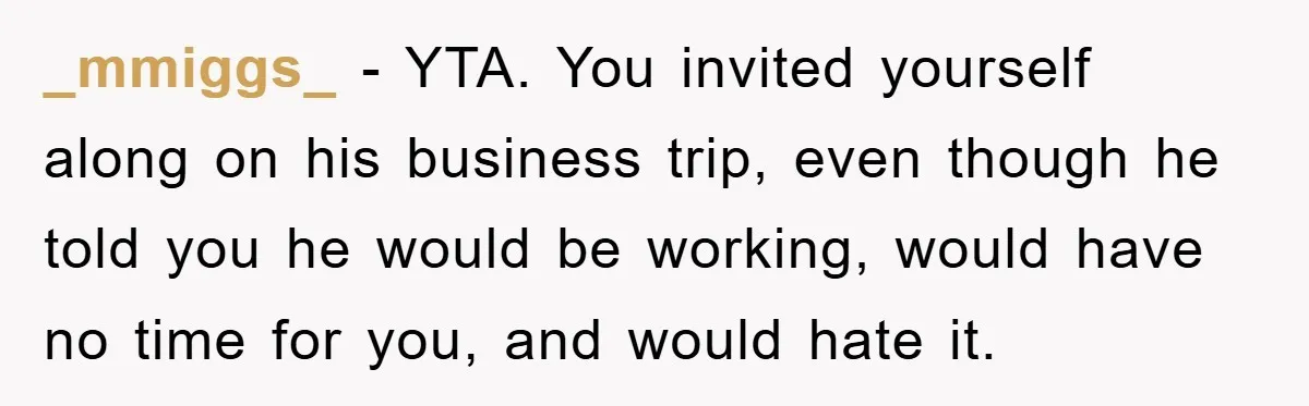 _mmiggs_ − YTA. You invited yourself along on his business trip, even though he told you he would be working, would have no time for you, and would hate it.
