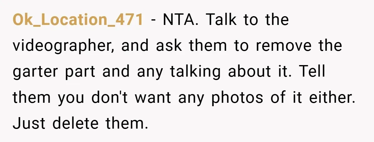 Ok_Location_471 − NTA. Talk to the videographer, and ask them to remove the garter part and any talking about it. Tell them you don't want any photos of it either....