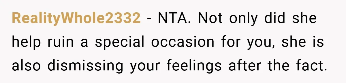 RealityWhole2332 − NTA. Not only did she help ruin a special occasion for you, she is also dismissing your feelings after the fact.
