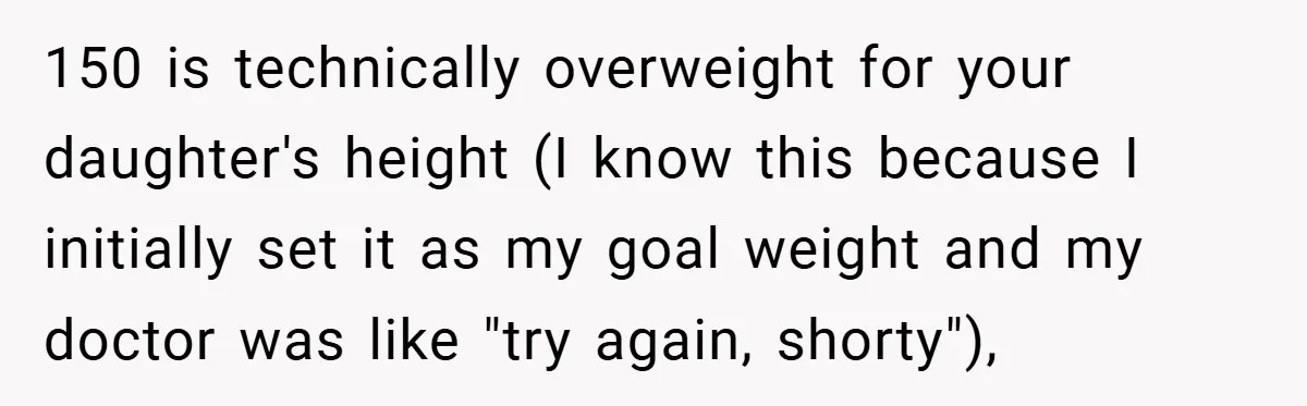 150 is technically overweight for your daughter's height (I know this because I initially set it as my goal weight and my doctor was like "try again, shorty"),