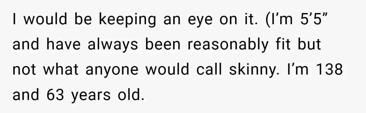 I would be keeping an eye on it. (I’m 5’5” and have always been reasonably fit but not what anyone would call skinny. I’m 138 and 63 years old.