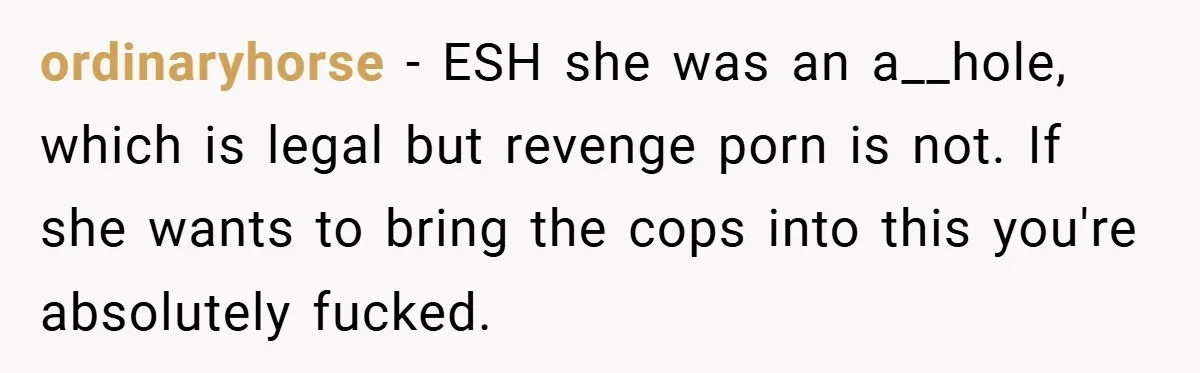 ordinaryhorse − ESH she was an a__hole, which is legal but revenge porn is not. If she wants to bring the cops into this you're absolutely fucked.