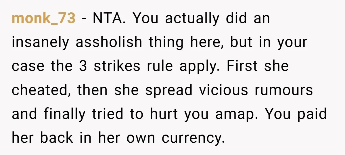monk_73 − NTA. You actually did an insanely assholish thing here, but in your case the 3 strikes rule apply. First she cheated, then she spread vicious rumours and finally...