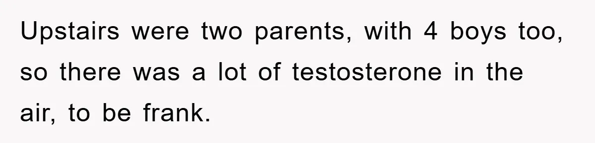 Upstairs were two parents, with 4 boys too, so there was a lot of testosterone in the air, to be frank.