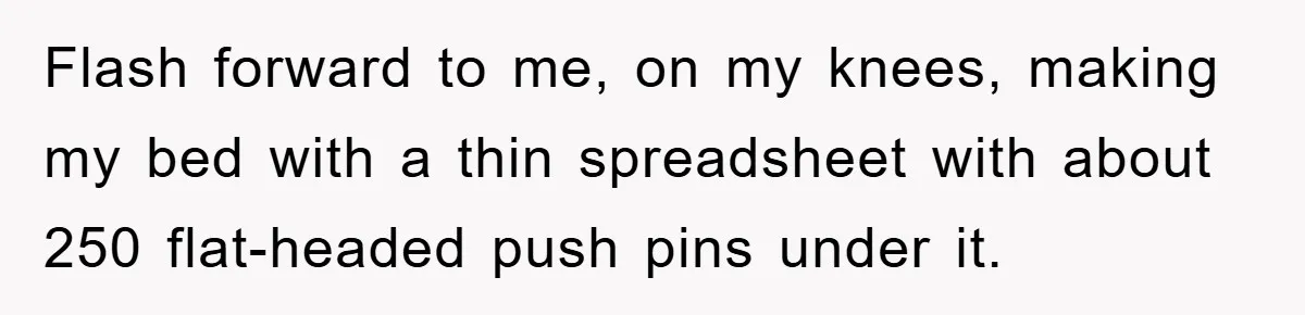 Flash forward to me, on my knees, making my bed with a thin spreadsheet with about 250 flat-headed push pins under it.