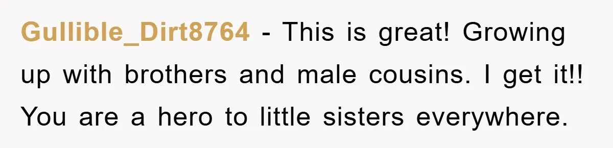 Gullible_Dirt8764 − This is great! Growing up with brothers and male cousins. I get it!! You are a hero to little sisters everywhere.